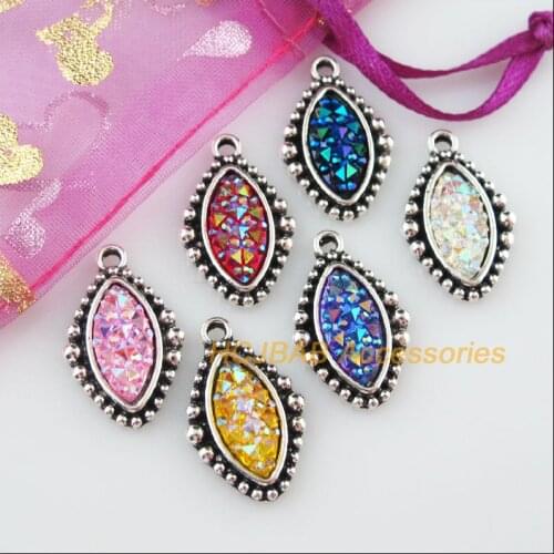 12 New Oval Eye Resin Mixed Charms Tibetan Silver Color Pendant 14.5x23mm