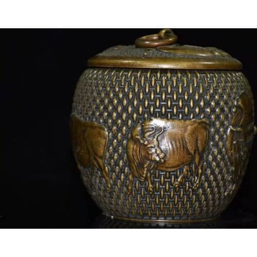 Antique Ming Dyansty(XuanDe)copper job statue,Five cow picture,Hand carved crafts,Decoration,collection &Adornment,Free shipping