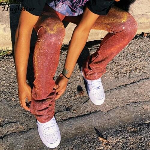 Hugcitar 2020 Shiny Sequined Stacked Pants Autumn Winter Women Fashion Streetwear Outfits Leggings Club Trousers