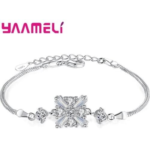 925 Sterling Silver Charm Bracelets For Women Sparkle Geometric Square Link Chain Bracelets Wedding Pulseras Mujer Wholesale