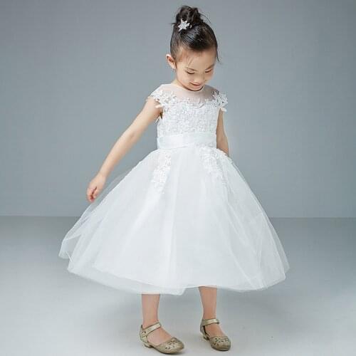 Childrens Lace Dresses Fashion Solid Color Tulle Wedding Dress Flower Girl Dress Junior Bridesmaid Dress Vetement Enfant Fille