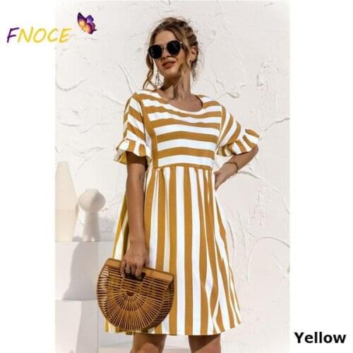 HAOOHU 2021 Spring Summer Womens Clothing New Ruffled Short Sleeves Striped Stitching Contrast Color Pocket Loose Dress