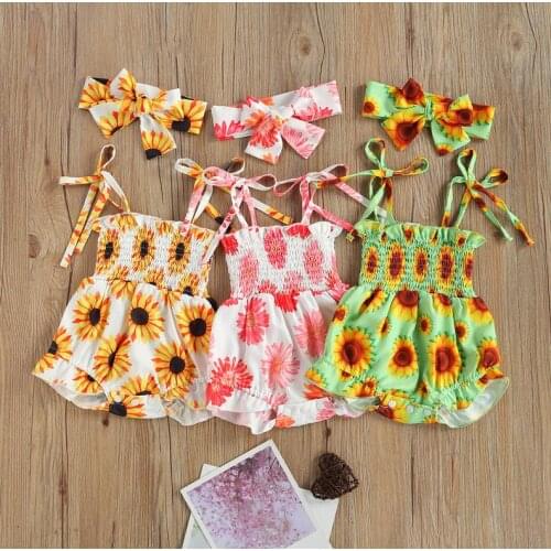 Infants Baby Girls Floral Romper Headband Sling Sleeveless Home Kids High Waist Rompers Clothes Summer Girls Jumsuits