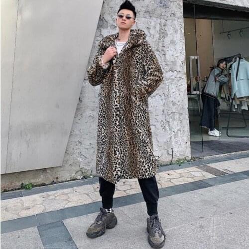 Autumn Leopard faux mink leather jacket mens winter thicken warm long fur leather coat men jackets jaqueta de couro hooded B112