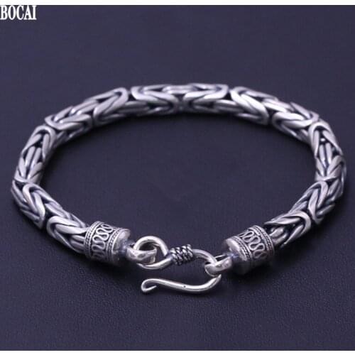 BOCAI Real S925 Sterling Silver Jewelry Retro Ethnic Style Woven Personality and Popular Peace Pattern Square Mans Bracelet