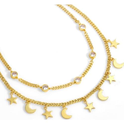 FLOLA Polished Moon And Star Necklace For Women Gold Curb Chain Stone Tennis Choker Necklace Pendant Minimalist Jewelry nket32