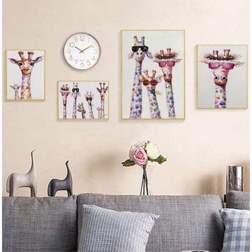 Living Room Home Decor Posters Oil Painting Colorful Giraffe Animal Family Poster Painting Cuadros For Kid Wall Art Picture