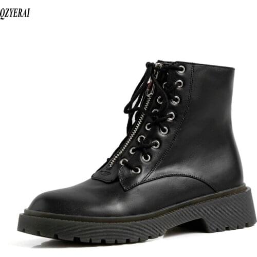 QZYERAI Front zipper Genuine leather Martin boots Womens boots The European Autumn and winter Female boots cowhide Women shoes