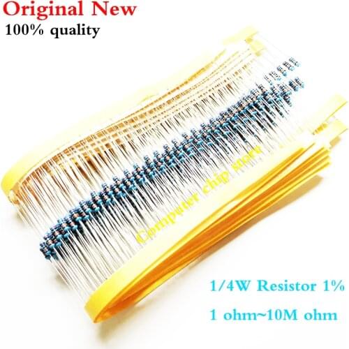 （100piece） 1/4W 1R~22M 1% Metal film resistor 100R 220R 1K 1.5K 2.2K 4.7K 10K 22K 47K 100K 100 220 1K5 2K2 4K7 ohm resistance