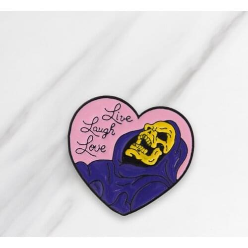 Pink Heart Skeleton Soft Enamel Brooches Live Laugh Love Button Pin clothes Badge Cartoon Gothic Jewelry Gift for Friends