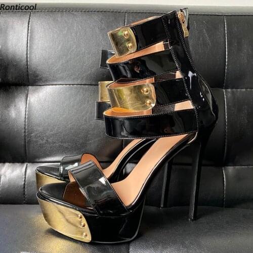 Ronticool Handmade Women Platform Sandals Back Zipper Sexy Stiletto Heels Open Toe Gorgeous Silver Gold Party Shoes US Size 5-20