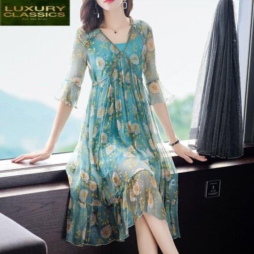 Silk Vintage Summer Real Dress Women Boho Floral Dresses 2021 Ladies Korean Sexy V Neck Long Party Vestidos + Tops 68975
