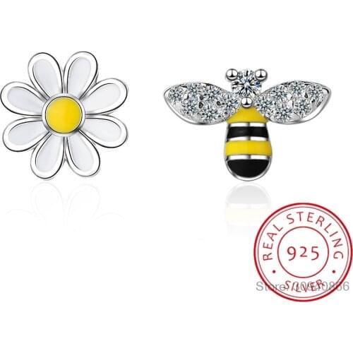 Lovely Asymmetric Bee Sun Flower Zircon Earrings For Women Girl 925 Sterling Silver Earrings boucle d'oreille S-E644