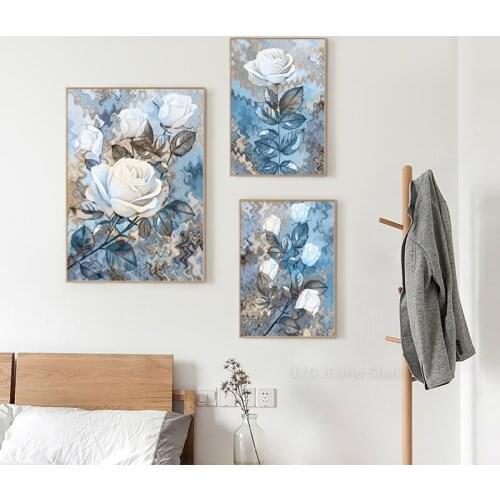 Modern Minimalist Abstract Art White Rose Flower Grain Texture Canvas Print Poster Wall Art Picture For Living Room Decoration