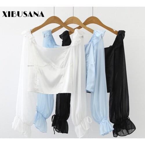 Freach Puff Sleeve Blouses Women Elegant Square Collar Ruffle Long Sleeve Chiffon Shirt Autumn Female Pleated Blousas Crop Tops