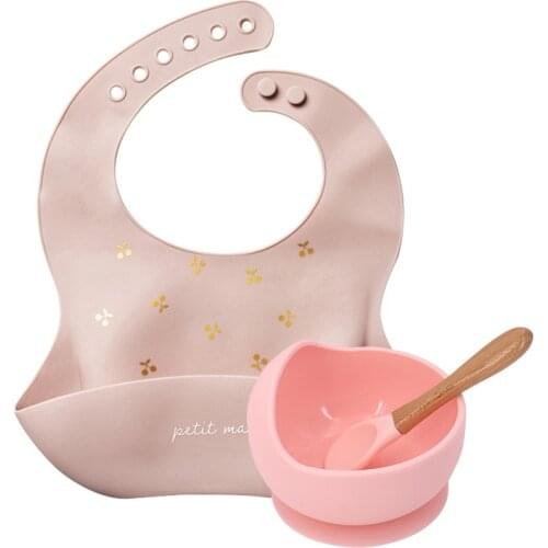 1Set Waterproof Baby Bibs Bowls Set Soft Silicone Baby Feeding Non-Slip Bowl Spoon Cartoon Kids Girl Boy Adjustable Children Bib