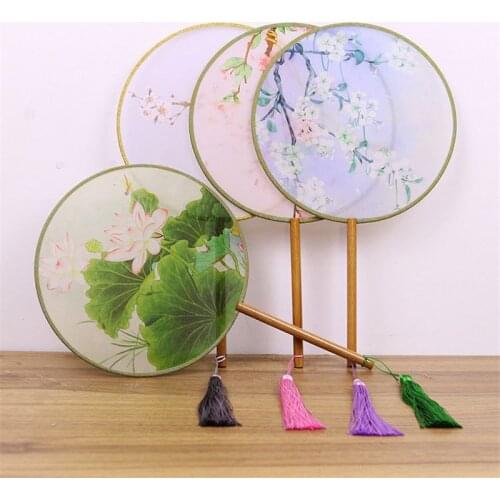 Women Dancing Embroidery Flower Handheld Fan Vintage Translucent Chinese Style Round Silk Fans