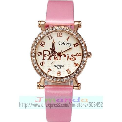 100pcs/lot 045-15 fashion lady eiffel tower leather watch rose gold case quartz crystal watch wrap casual elegance wristwatch