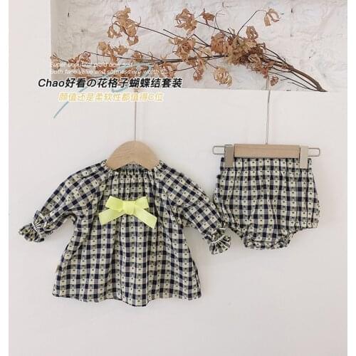 2pcs/set Baby Girl Long Sleeve Clothing Korean Spring Autumn Toddler Cotton Baby Clothes Floral Bow Black White Plaid Cute Suit