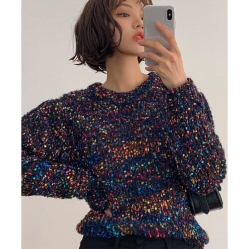 2020 Women Autumn Winter Colorful Dot Sweet Full Sleeve Sweater Coat Round Collar Loose Knitted Pullover Jumpers