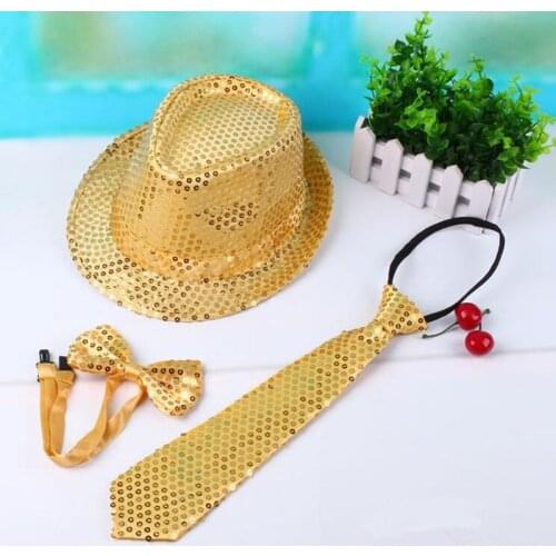5set /lot Boy Girl Men Women Fedora Sequins Jazz Hat Bowtie Tie Dance Cap Birthday Party Hats Party Decoration Christmas