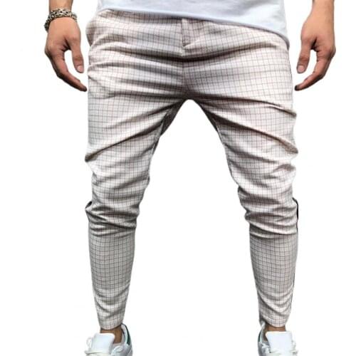 80% Hot Sale Fashion Men Pants Mid Waist Slim Fits Plaid Checkered Side Stripe Trousers for Work