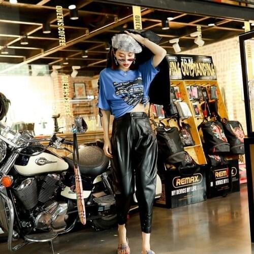 Spring Casual Women Jogging Pants Loose Fit Streetwear Trousers High Waist Harem Pants Calf Length Sheepskin Real Leather Pants
