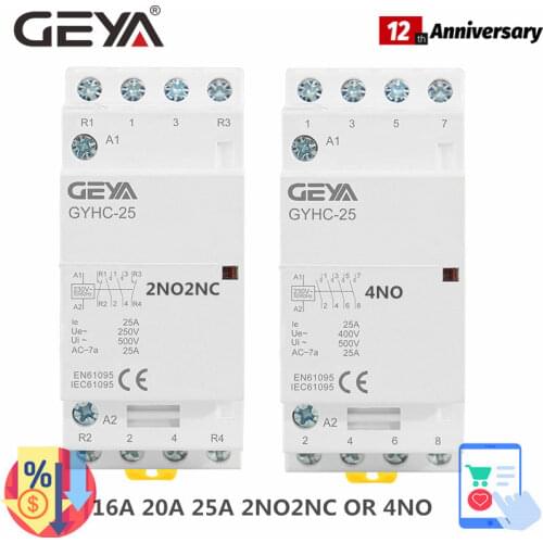 GEYA GYHC 4P 16A 20A 25A 220V/230V 50/60HZ Din rail Household AC Modular Contactor 4NO OR 2NO2NC