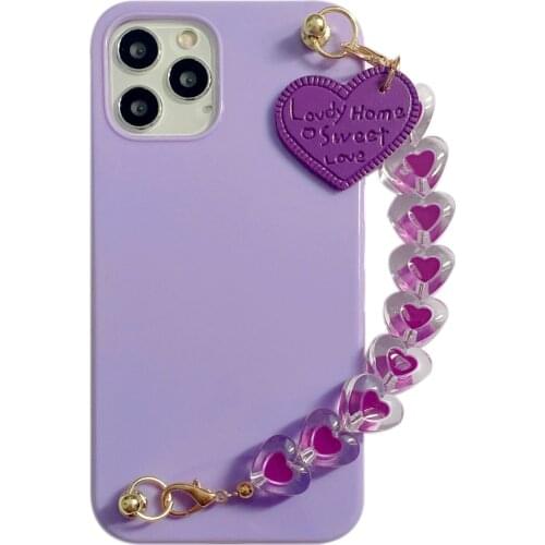 Taro Purple Crystal Heart Wrist Chain Case for iPhone 12 Pro Max Back Phone Cover for 12 11 Pro Max X XS XR 8 7 Plus SE 2020