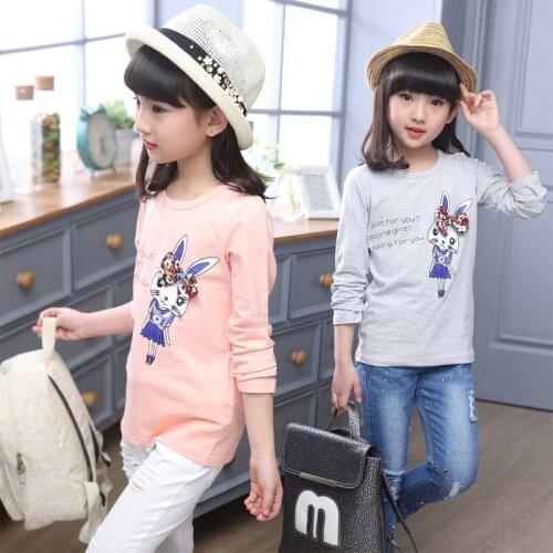 Kids long sleeved t-shirt for girls children cartoon Rabbit printing School style pink gray 4-15 years casual sports tops dress