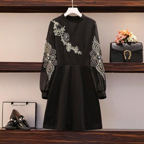 EHQAXIN Plus Size Women French Retro Embroidery Elegant Dress Autumn 2021 Fashion V-Neck Lantern Long Sleeve Beading Dress Black