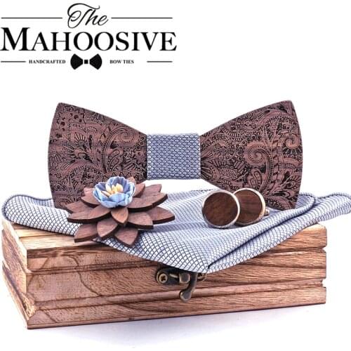 Formal Clasic Grey Tie for Men wedding wooden bow Tie Set Gift Hanky Cufflinks Set for Men Designer Fashion Silk Ties