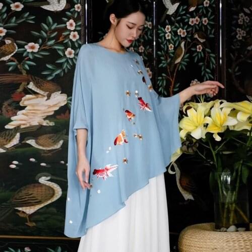 High-End Chinese Style Summer New Blouse Womens Retro Embroidery Mid-Length Elegant Lady Silk Asymmetry Loose Top M-XL