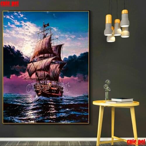 Sailing Sea 5d diy diamond painting Sunset pirate ship diamond mosaic cross stitch embroidery diamond round square stones decor