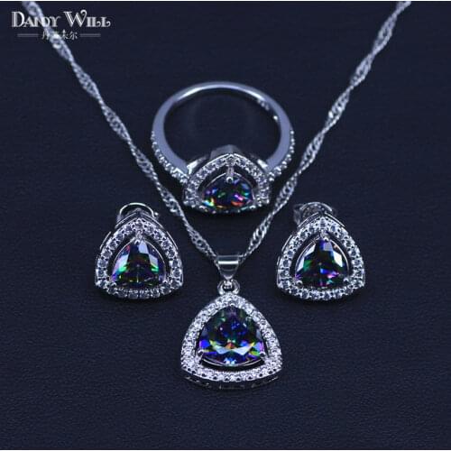 Classic Trillion silver color Multicolor Rainbow Zircon Women Jewelry Sets Necklace Pendant Earrings Rings Free Box
