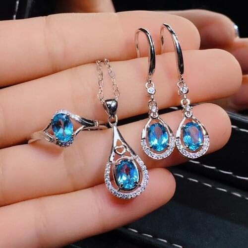 Natural blue topaz ring Pendant Earrings Natural Gemstone Jewelry Set S925 Silver fashion water drop Women party gift jewelry