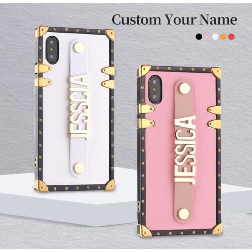 Leather Trunk Case Holding Strap Gold Metal Custom Name Phone Case For iPhone 12 11 Pro 6S XS Max XR 7 7Plus 8 8Plus X