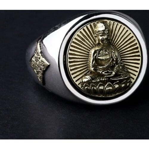 S925 pure silver Thai silver this life zodiac Buddha Buddha can turn men live male ring big yards