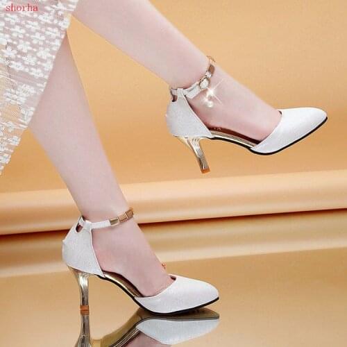 Women new fashion Ankle Strap Pumps High Heels Dress Shoes Pearly-lustre Wedding Shoes Woman Bridal Shoes Ladies sandals