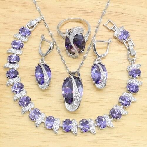 Charming Purple Amethyst 925 Silver Jewelry Sets For Women Wedding Bracelet Necklace Pendant Earrings Ring Birthday Gift
