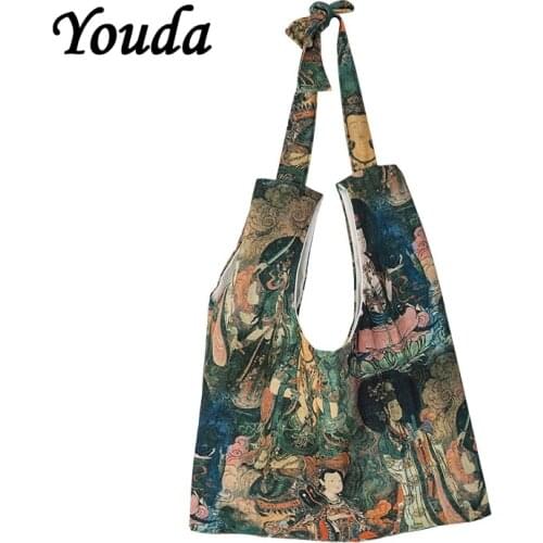 Youda Original Religious Art Handbag Large Capacity Vintage Style Canvas Bags Thick Shoulder Bag Casual Recyclable Shopping Tote