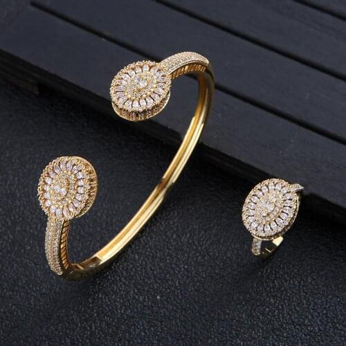 Luxury Trendy Jewelry Sets For Women Wedding Zircon Crystal CZ Dubai Bridal Bangle Ring Sets aretes de mujer modernos FV480