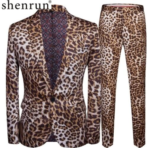 SHENRUN Tide Men Plus Size DJ Night Club Leopard Print 2 Pieces Set Mens Suits With Pants Stage Singers Costume Casual Suit