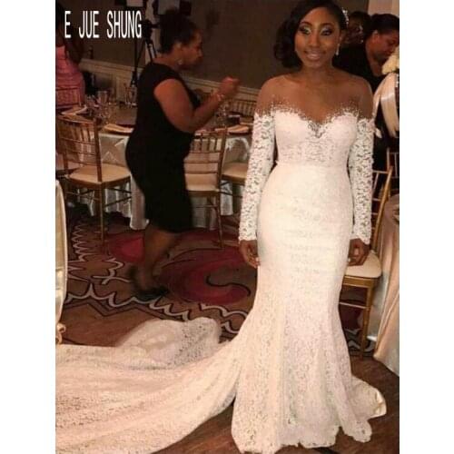 E JUE SHUNG Mermaid Wedding Dresses Sheer Scoop Neck Long Sleeves Button Back African Wedding Gowns Black Girl Lace Bridal Gowns