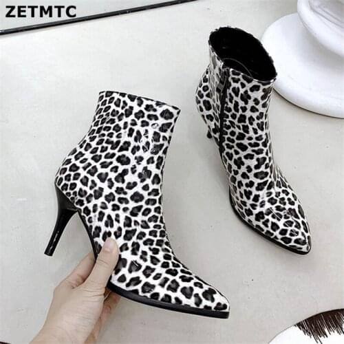 2020 NEW Leopard Party Nightclub Stiletto High Heels Ankle Boots Women Fashion Sexy 2019 Autumn Ladies Shoes Large Size 34-43