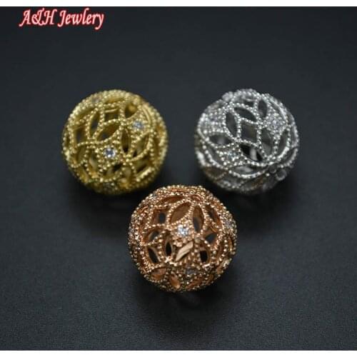 10pcs Super High Quality 15mm Hollow Out Copper Round Beads With CZ Paved Setting Fit For Fashion Jewelry Making Materials