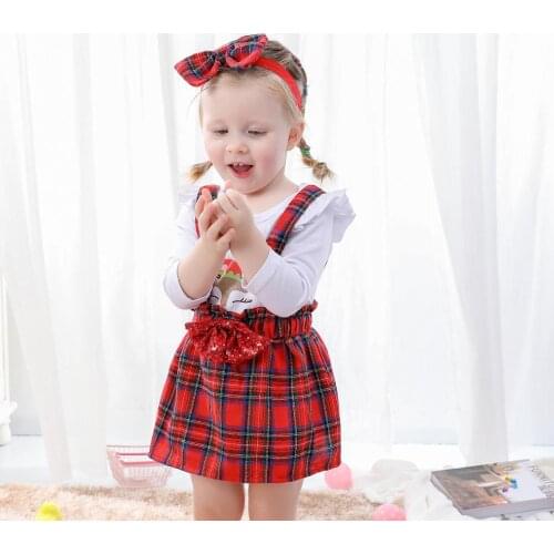 3pcs Toddler Kids Girl Suspender Skirt Christmas Outfits Ruffle Top Romper+Plaid Strap Skirt+Bow Ties Baby Clothes