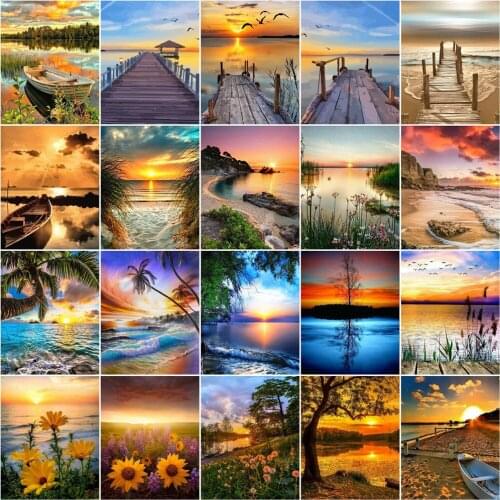 AZQSD Oil Painting By Number Sunset Drawing On Canvas DIY Frame Paint By Numbers For Adults Seaside Kits Handpainted Wall Art