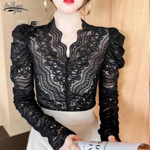 Fashion Womens Long Sleeve Top Autumn Vintage Sexy Lace Blouse Women Elegant V Neck Crochet Flower Lace Bottoming Shirt 16503