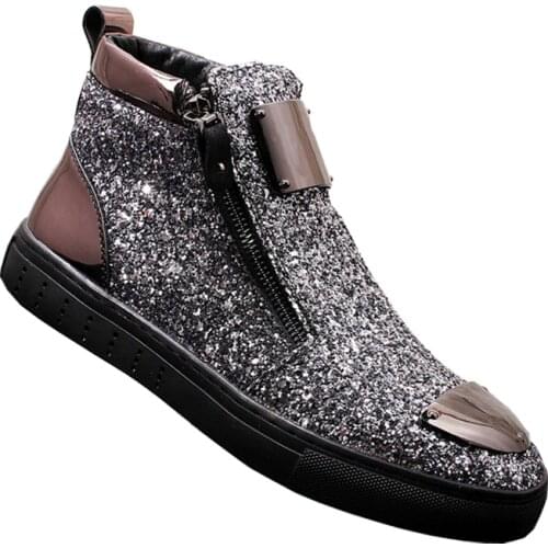 Spring Autumn Ankle Boots Men Fashion Sequins Zipper Casual Leather Boots Outdoor Party Street Hip-Hop High-Top Men Shoes